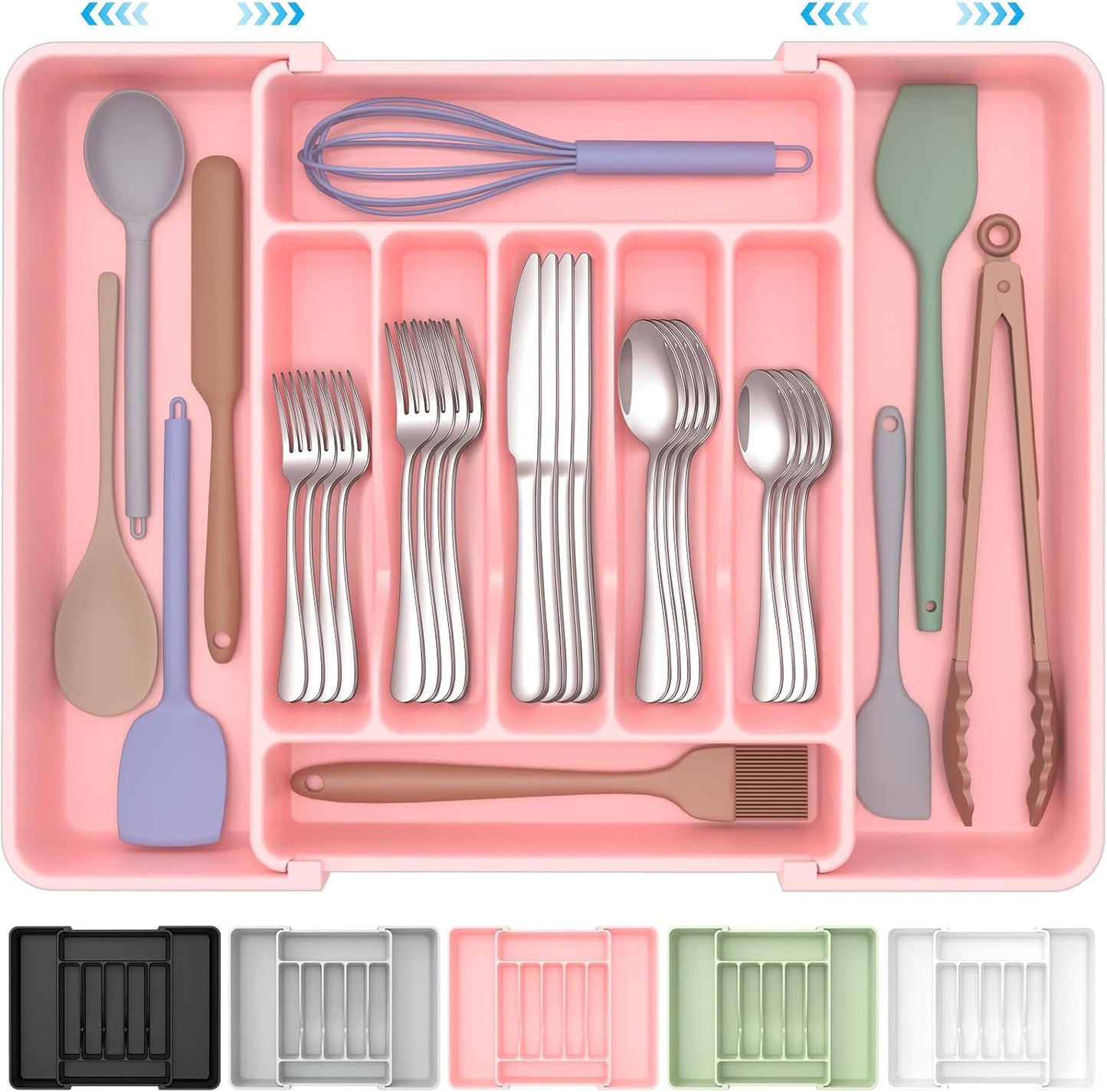 Extra Large Expandable Silverware Organizer, BPA-Free Food-Safe Cutlery Flatware Organizer, Kitchen Utensil Drawer Organizer, Adjustable Silverware Holder for Spoons Forks Knives, Black