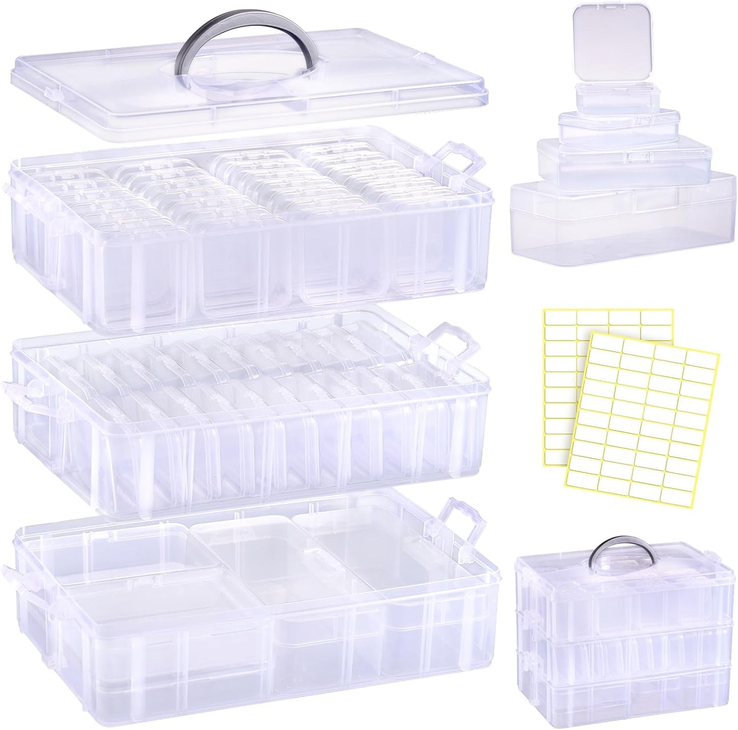 Funtopia Bead Organizers and Storage, 56 Pcs Small Plastic Containers with Lids and 3-Tier Stackable Storage Box, Mini Clear Organizers for Jewelry Toys Craft Storage (4 Sizes)