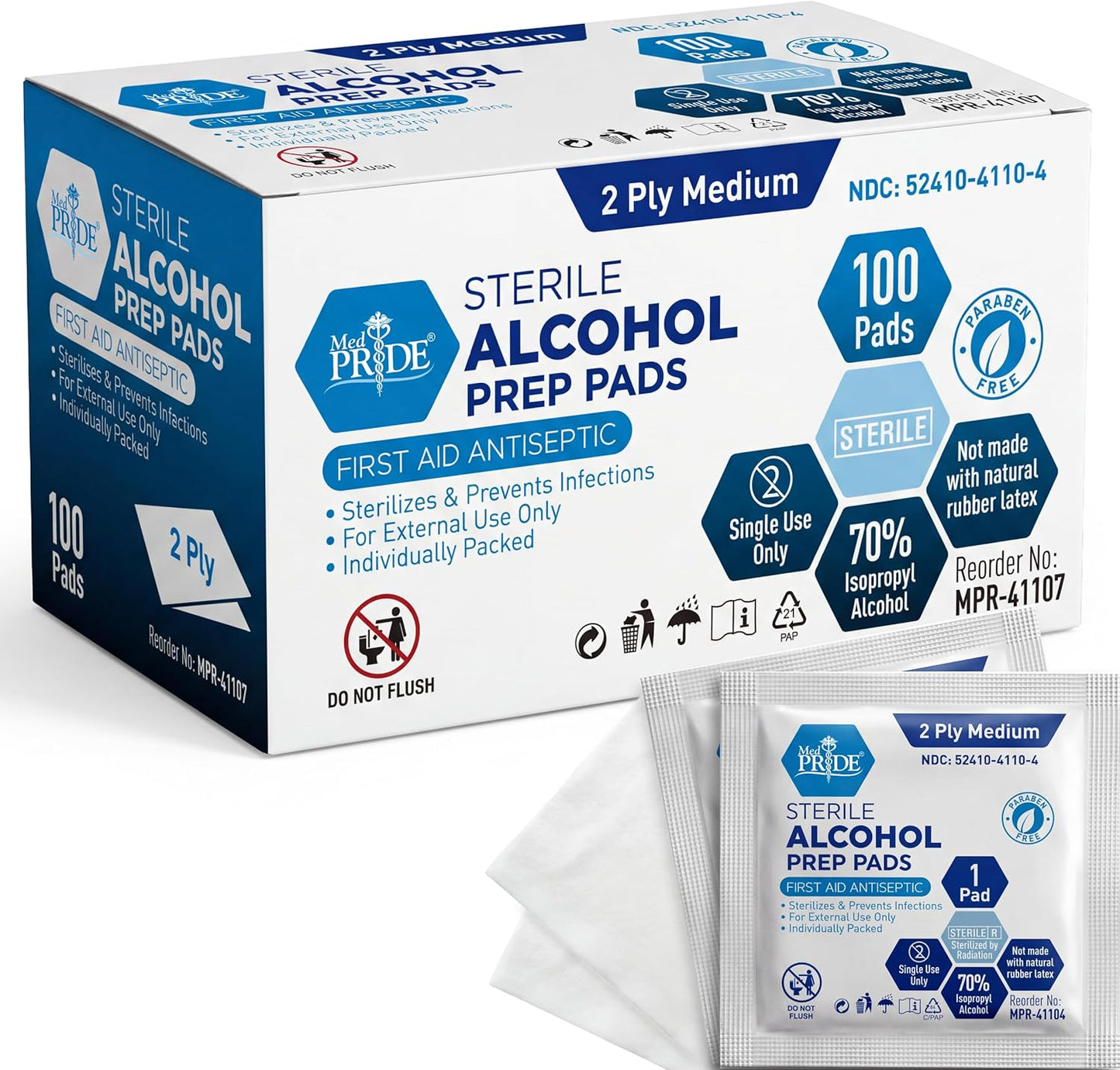 MED PRIDE Sterile Alcohol Prep Pads, Antiseptic, 70% Isopropyl, Individually Wrapped, Medical Grade 2 Ply Wipes (200 Count (Pack of 1) White)