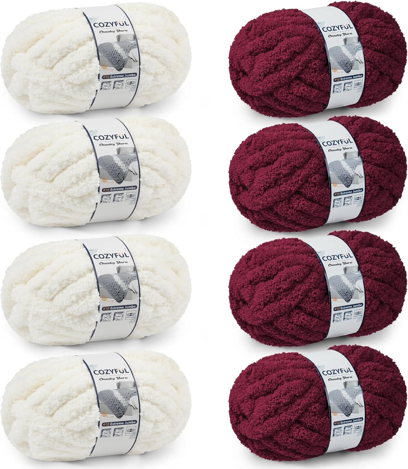 Chunky Yarn for Hand Knitting - #10 Chunky Chenille Yarn, Jumbo Big Thick Chunky Yarns for Crocheting, Super Bulky Chunky Knit Blanket Yarns, 8 Skein (25 yds 8 oz Each Skein), Cream