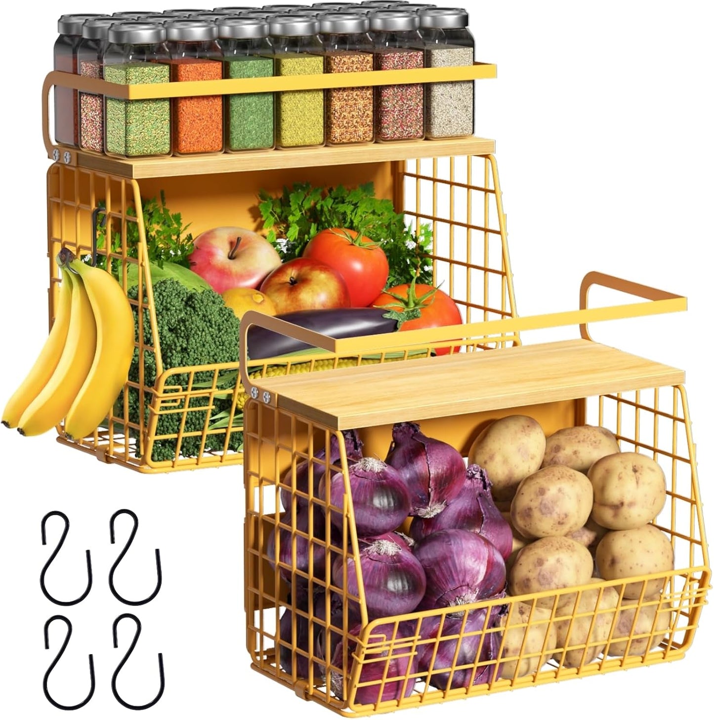 Ofiray-home Magnetic Shelf for Fridge with Wood Lid, Fruit Potato and Onion Storage Bins, Pantry Organizers & Storage, Large Container Magnetic Spice Rack for Refrigerator, Kitchen Counter, Cabinet
