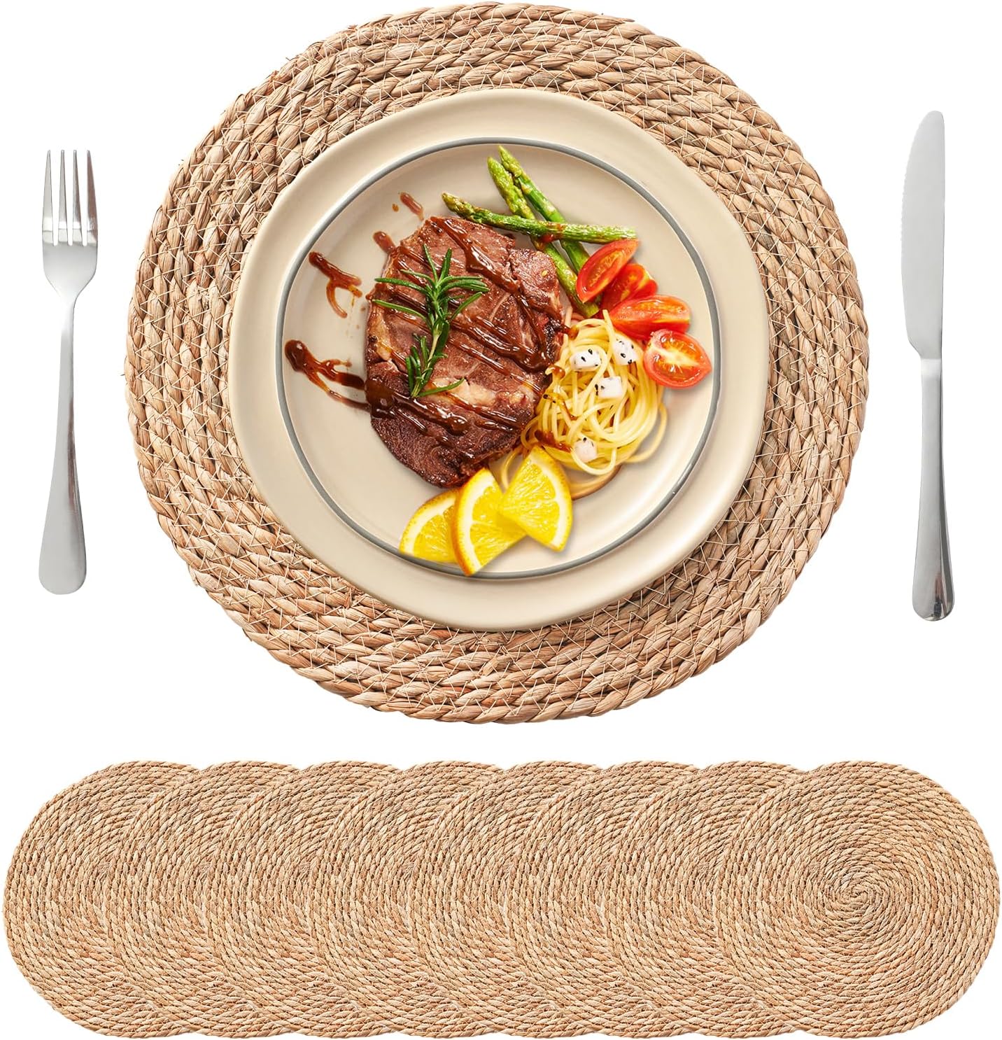 13.8'' Round Woven Placemats Set of 12, Boho Rattan Chargers for Dinner Plates, Rustic Wicker Place Mats, Straw Braided Table Placemats, for Dining Table Decor, Wedding, Farmhouse and Outdoor