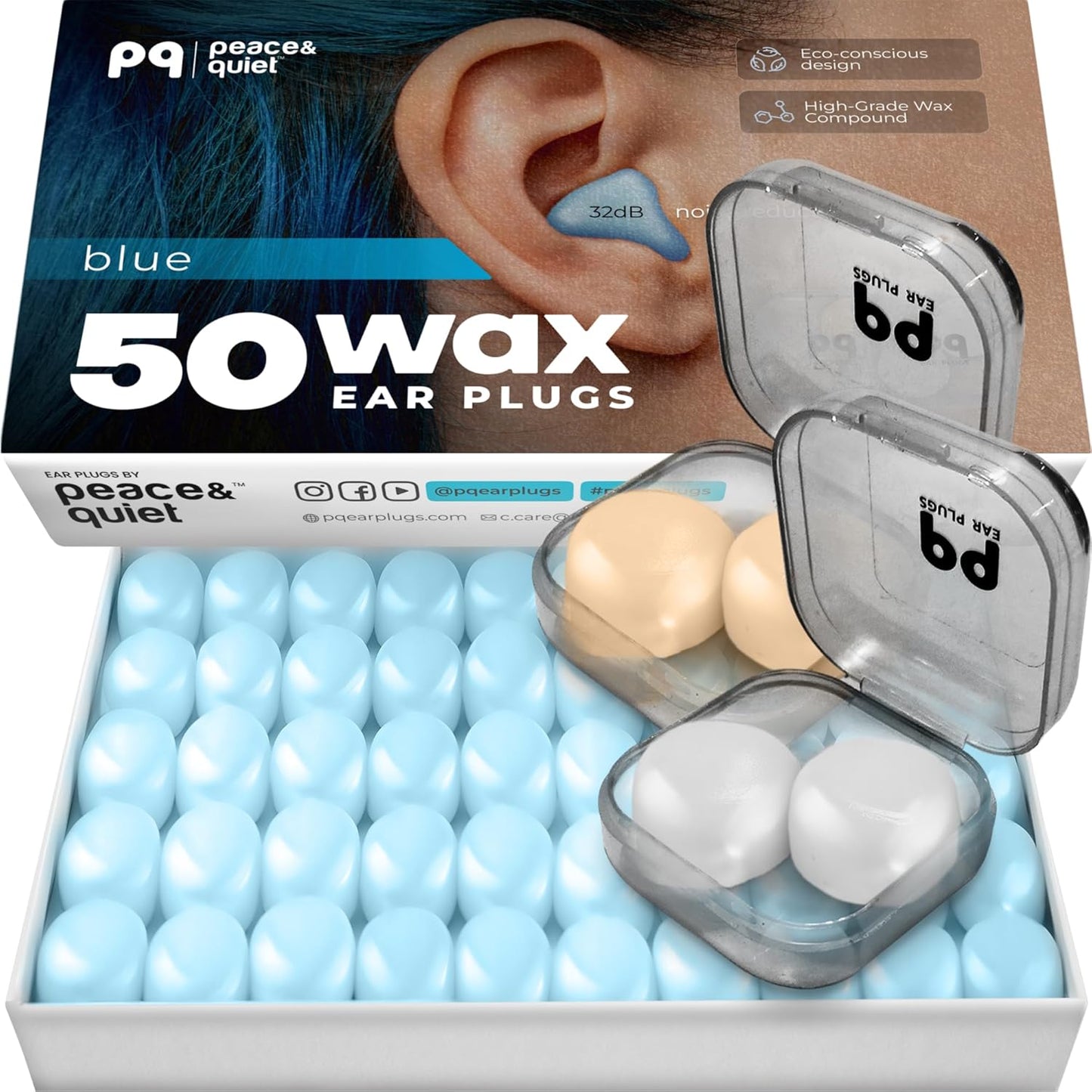 PQ Wax Ear Plugs for Sleeping, Swimming - 50 Noise Cancelling Silicone Gel Wax Earplugs, Ear Protection for Sleep and Swim, Soft Wax Pillows with Sound Blocking Level 32Db, (50 Pillows), Color: White