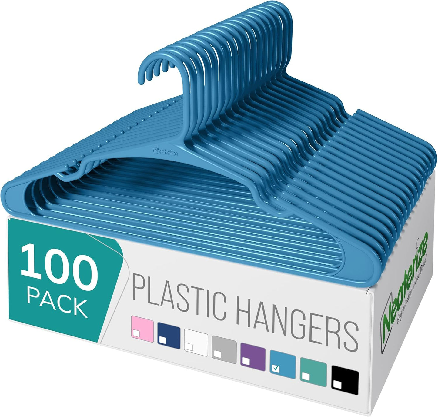 NEATERIZE Clothes Hangers Plastic 100 Pack for Adults - Plastic Hangers, The Perfect Coat Hanger and Space Saving Clothes Hangers for Closet - White Hangers