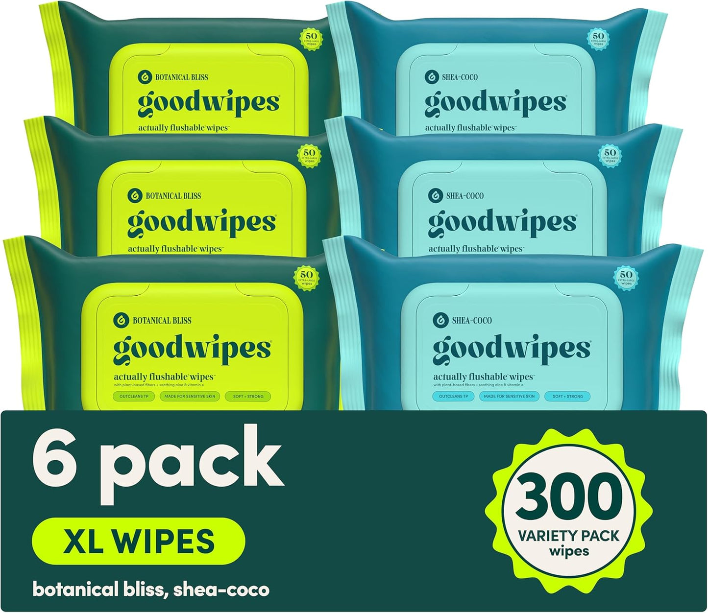 goodwipes Flushable Butt Wipes - Vitamin E & Aloe - Sewer & Septic Safe - Extra Large Adult Wet Wipes For Women & Men - Bathroom Essentials - Rosewater, 318 Count (6 Packs + 1 Travel)