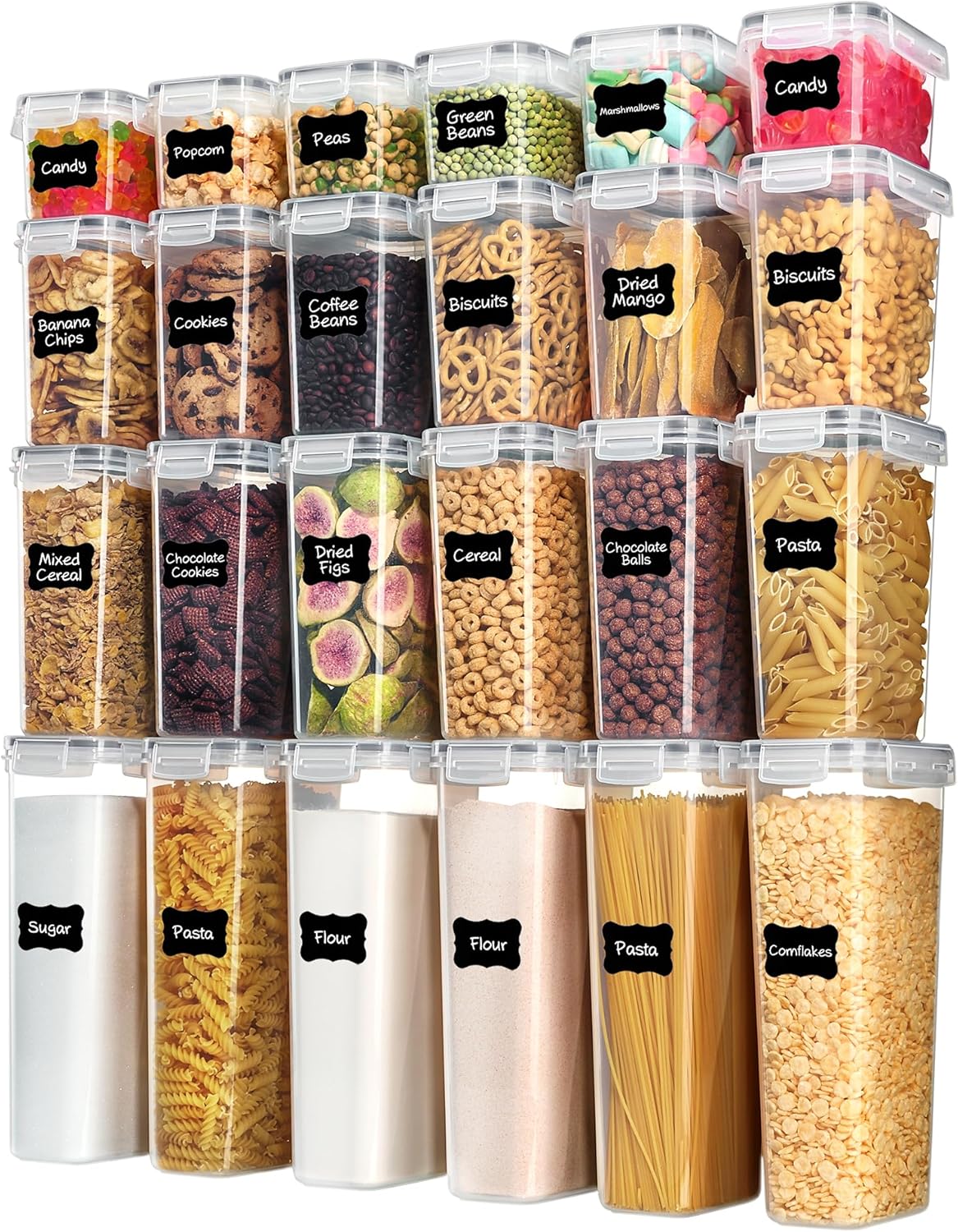 Airtight Food Storage Containers with Lids, Vtopmart 24 pcs Plastic Kitchen and Pantry Organization Canisters for Cereal, Dry Food, Flour and Sugar, BPA Free, Includes 24 Labels,Black