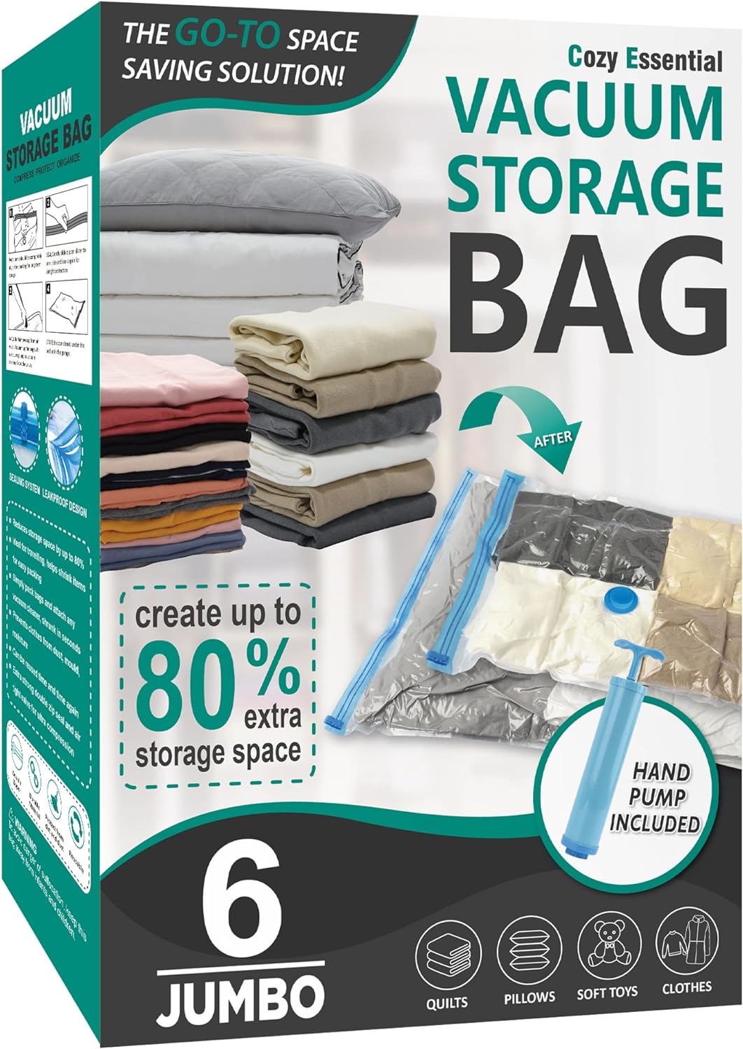 Cozy Essential Vacuum Storage Bags, 80% Compression Vacuum Seal Space Saver Plastic Packaging Bags for Clothes, Blankets, Pillow, Bedding, Comforters, Sealer Clothing Storage,20 Combo