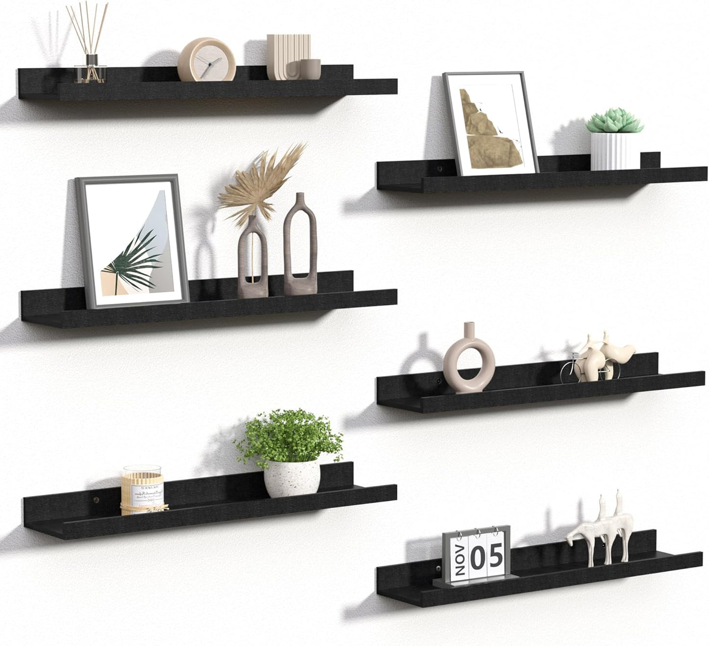 upsimples Floating Shelves for Wall, Wall Shelves for Decor Storage Set of 6, Wall Mounted Wood Shelf for Bedroom, Living Room, Bathroom, Kitchen, Picture Ledge Shelf, Black