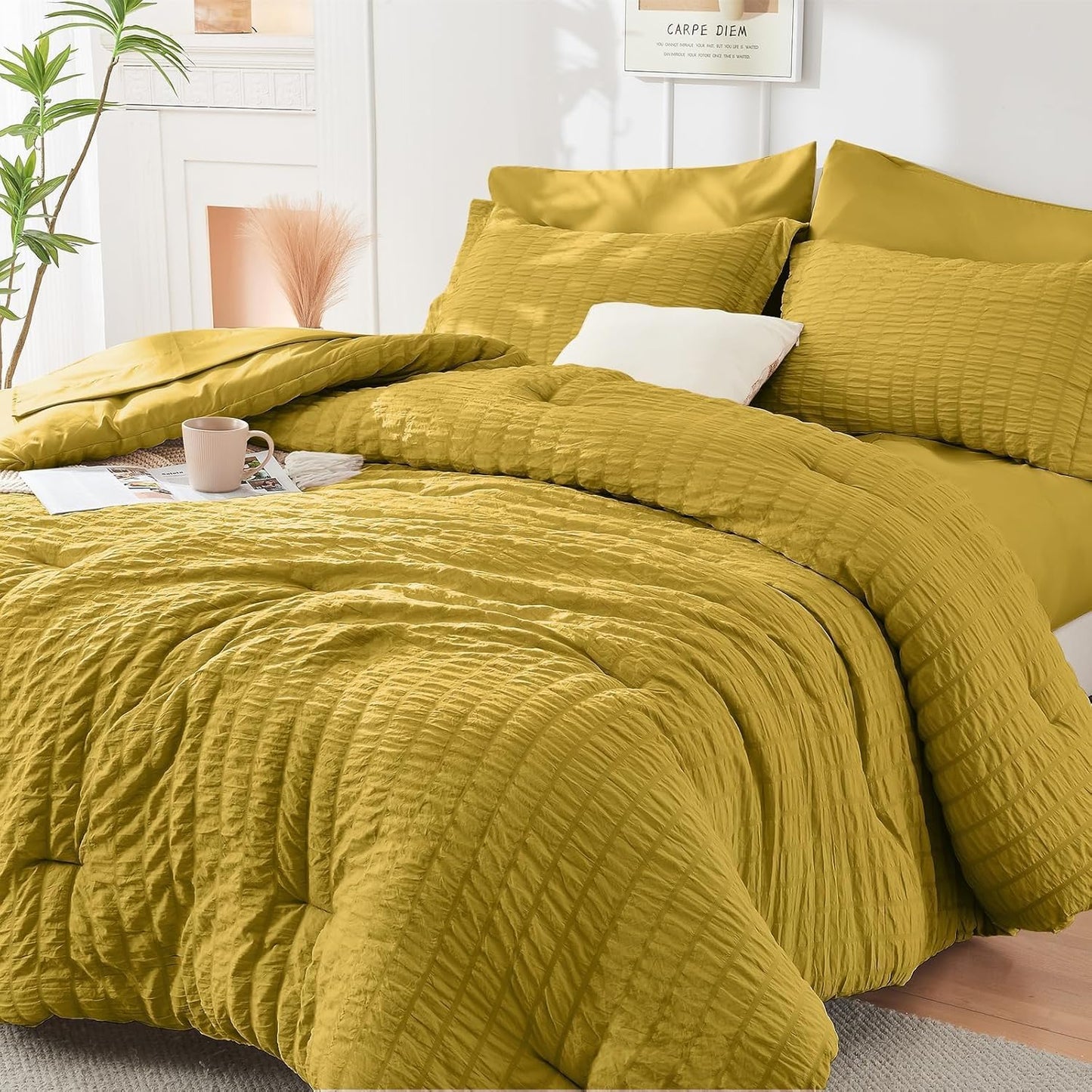 HYMOKEGE Queen Comforter Set Seersucker 7 Pieces, All Season Luxury Bed in a Bag for Bedroom, Bedding Set with Comforters, Sheets, Pillowcases & Shams, Dark Grey
