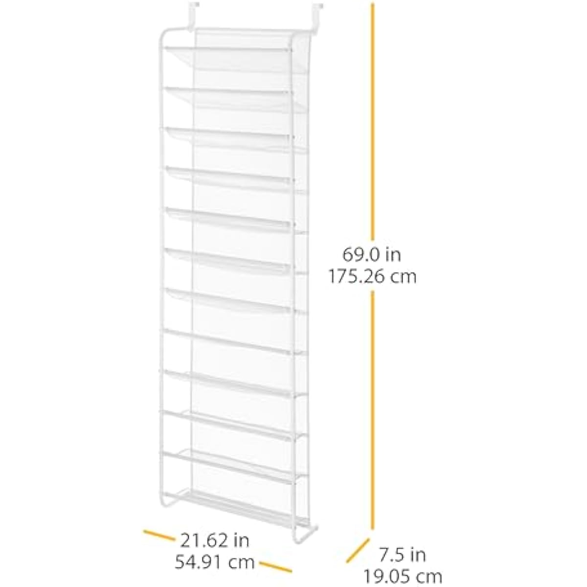 Whitmor 36 Pair Over The Door Shoe Organizer, 12 Tier Hanging Shoe Organizer, Heavy Duty Metal & Mesh Shoe Holder, Hanging Shoe Rack for Closet Organizer & Storage, 69"L x 21.7"W x 7.5"H, White