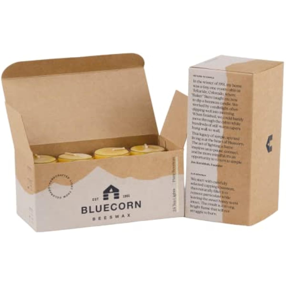 Bluecorn Beeswax Tea Light Candles, 100% Pure Natural Bees Wax, Yellow Tea Lights, Fragrance Free, Paraffin & Soy Free Candle Wax, Clean Burning, Long Lasting (4-5 Hrs), American Made, 24 Pack