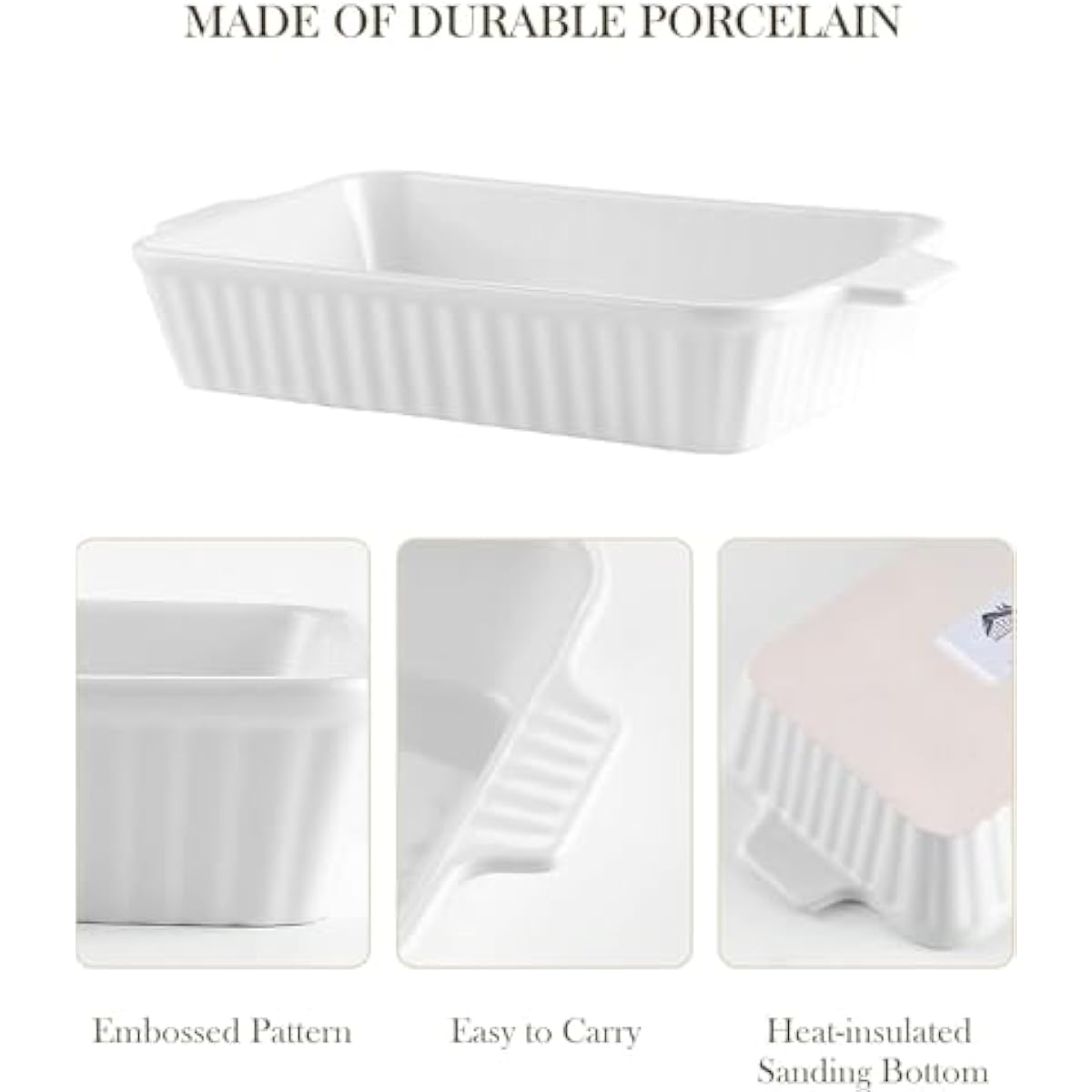 MALACASA Casserole Dishes for Oven, Porcelain Baking Dishes, Ceramic Bakeware Sets of 4, Rectangular Lasagna Pans Deep with Handles for Baking Cake Kitchen, White (9.4"/11.1"/12.2"/14.7"), Series