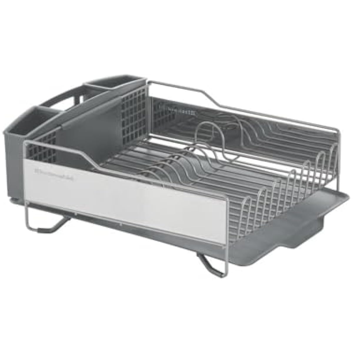KitchenAid Large Capacity Full Size Rust Resistant Dish Rack with Angled Drain Board and Removable Flatware Caddy, Light Grey
