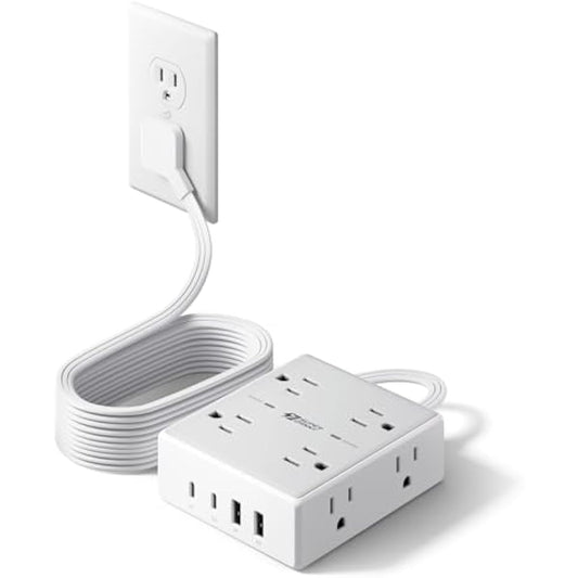 10Ft Extension Cord with Multiple Outlets, Flat Plug Surge Protector Power Strip 10 Ft Long Cord, 8 Outlets & 4 USB Ports (2 USB C), Desk Charging Station for Home Office, College Dorm Room Essentials