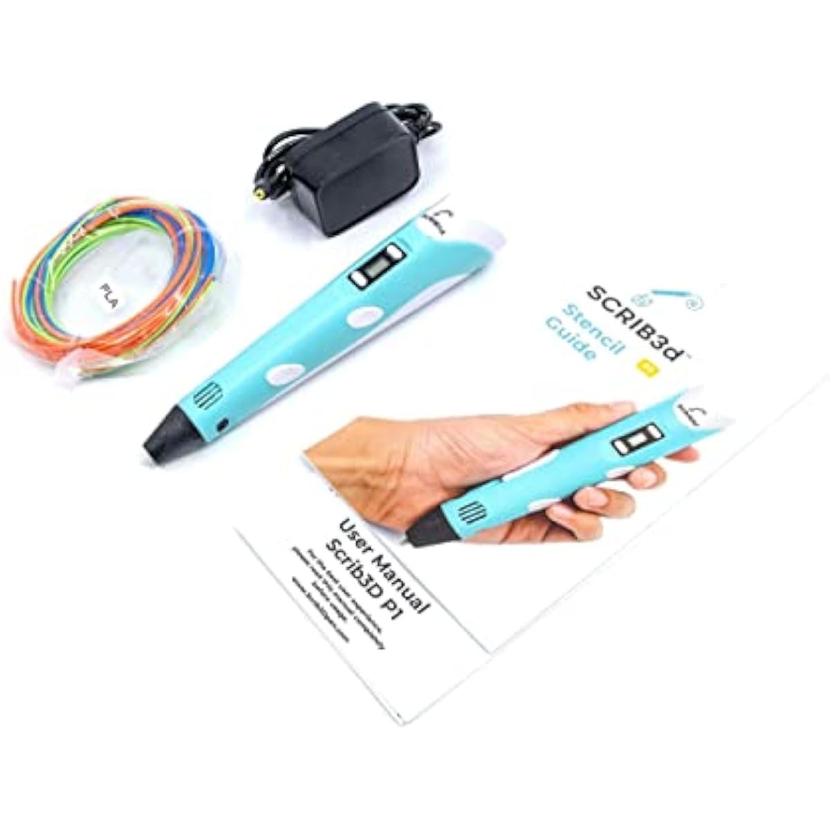 SCRIB3D P1 3D Printing Pen with Display - Includes 3D Pen, 3 Starter Colors of PLA Filament, Stencil Book + Project Guide, and Power adapter