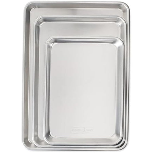 Nordic Ware Naturals 3 Piece Set - USA Made Aluminum Commercial Quality Sheet Pan for Baking or Roasting, Encapsulated Galvanized Steel Rim Prevents Warping; Half Sheet, Jelly Roll and Quarter Sheet
