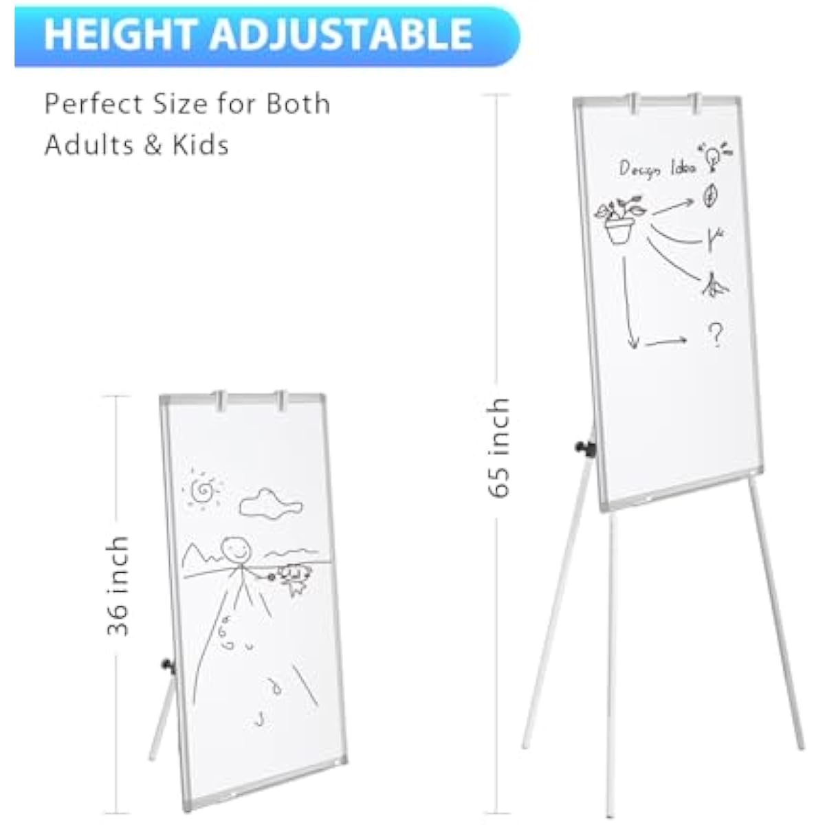 Easel Whiteboard - Magnetic Portable Dry Erase 36 x 24 Tripod Height Adjustable, 3' x 2' Flipchart Easel Stand White Board for Office or Teaching at Home & Classroom (36x24 White)