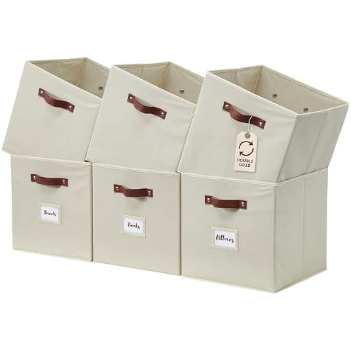 DECOMOMO Storage Bins, Cube Storage Bin with Labels, Fabric Storage Cubes for Shelves (10.5" x 11" / 6pcs, Beige)