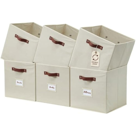 DECOMOMO Storage Bins, Cube Storage Bin with Labels, Fabric Storage Cubes for Shelves (10.5" x 11" / 6pcs, Beige)
