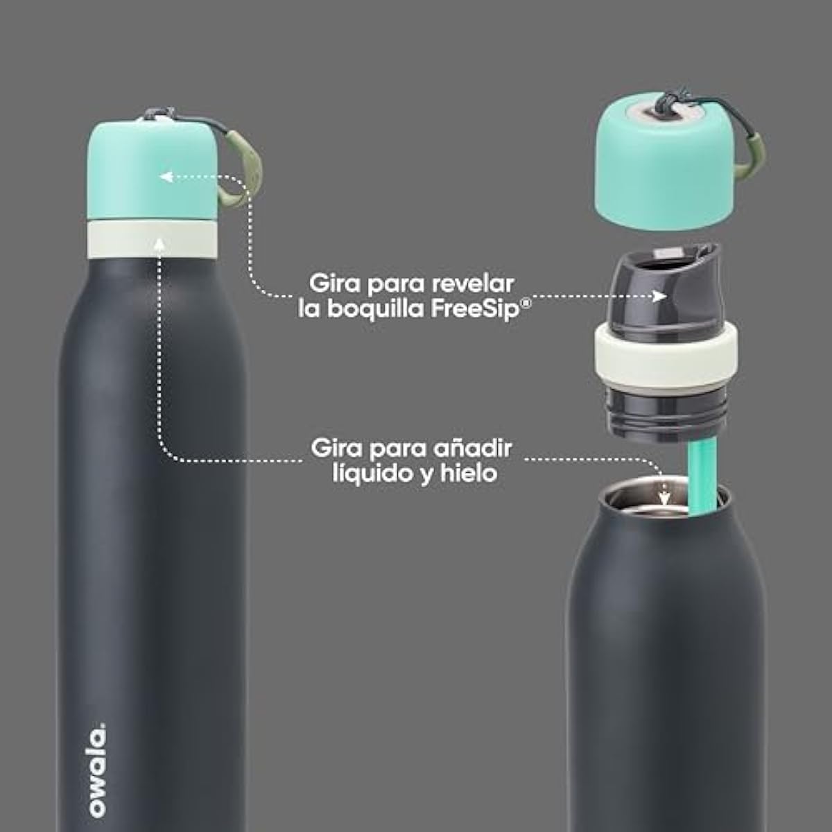 Owala FreeSip Twist Insulated Stainless Steel Water Bottle with Straw for Sports and Travel, BPA-Free, 24-oz, Blue/Grey (Foggy Tide)