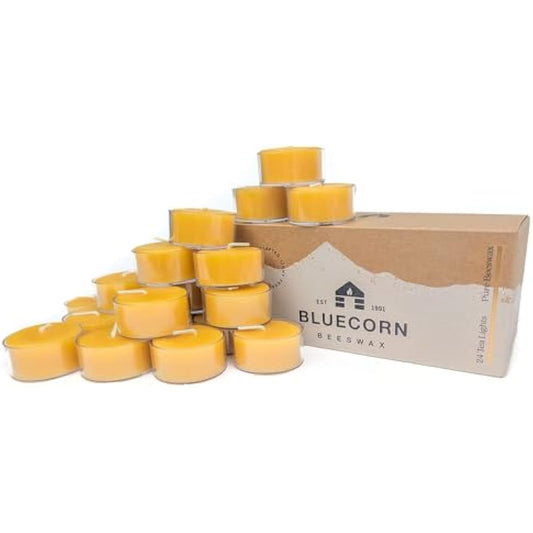 Bluecorn Beeswax Tea Light Candles, 100% Pure Natural Bees Wax, Yellow Tea Lights, Fragrance Free, Paraffin & Soy Free Candle Wax, Clean Burning, Long Lasting (4-5 Hrs), American Made, 24 Pack