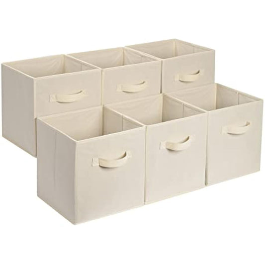 Amazon Basics Collapsible Fabric Storage Cube Bins Organizer with Handles, Sturdy, Beige, 13-x-13-x-13-inch, Pack of 6