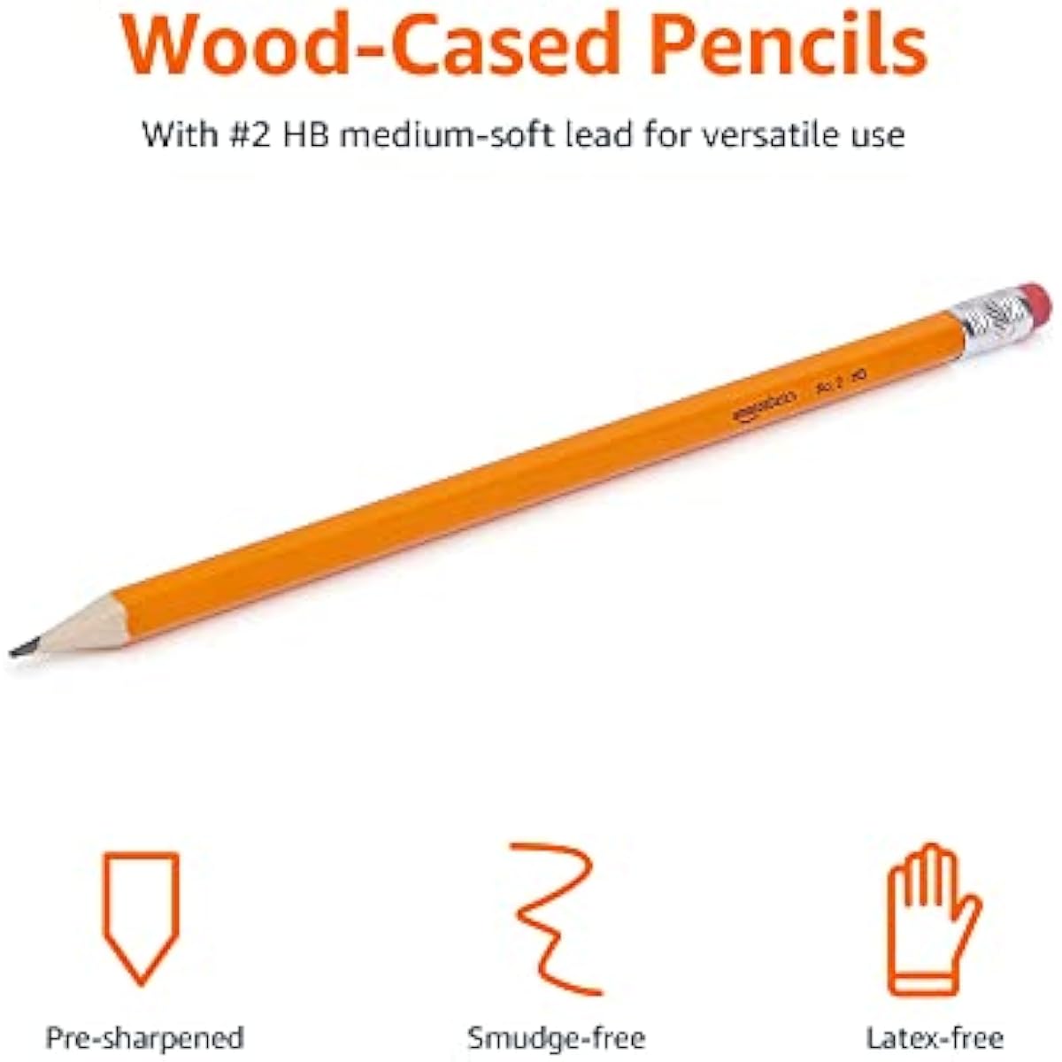 Amazon Basics Wood-Cased #2 HB School Pencils with Erasers for Writing and Drawing, Pre-sharpened, Soft Strong Lead, Orange, 30 Count