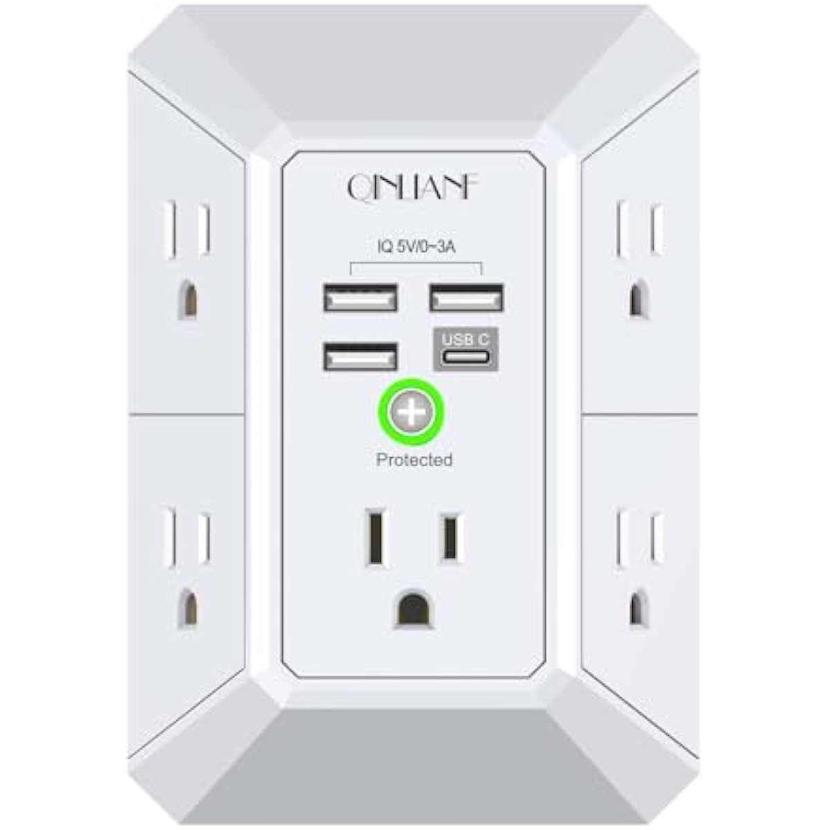 Wall Charger, Surge Protector, QINLIANF 5 Outlet Extender with 4 USB Charging Ports, 3-Sided 1680J Power Strip Multi Plug Adapter Spaced for Home Travel Office