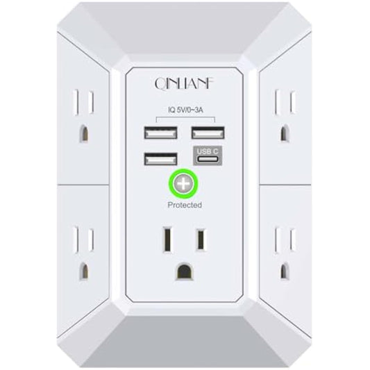 Wall Charger, Surge Protector, QINLIANF 5 Outlet Extender with 4 USB Charging Ports, 3-Sided 1680J Power Strip Multi Plug Adapter Spaced for Home Travel Office