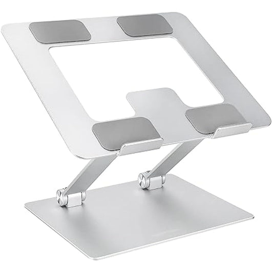 Amazon Basics Sturdy and Portable Ergonomic Laptop Stand for Desk, Height Adjustable Riser with Ventilated Cooling, Foldable, Fits all Laptops up to 17.3 Inch, Silver, 10 x 8.7 x 6 in