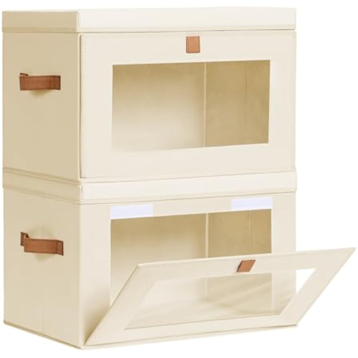 Large Closet Storage Organizer - Clothes Storage Bins with Handles & Window, Collapsible Decorative Boxes with Lids, Fabric Containers for Living Room, Dorm, 2 Pack, Beige