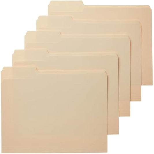 Amazon Basics Sturdy File Folders with Reinforced Tabs for Filing and Organization, 1/3-Cut Tab, Assorted Positions, Letter Size, 8.5x11 inches, Manila, 100-Pack
