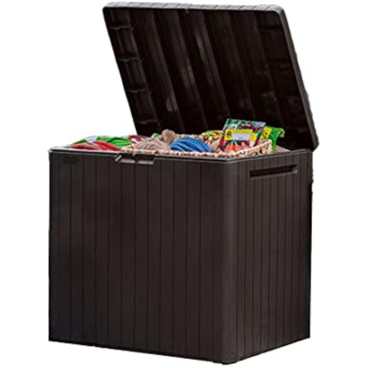 Keter City 30 Gallon Resin Outdoor Storage Box and Patio Furniture Side Table for Pool and Garden Accessories, Brown