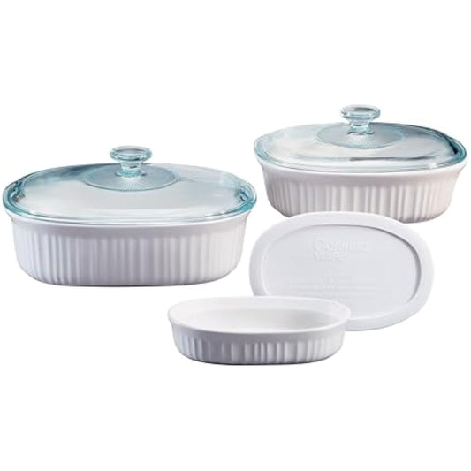 CorningWare Ceramic Bakeware Set with Lids Chip and Crack Resistant Stoneware Baking Dish, Microwave, Dishwasher, Oven, Freezer and Fridge Safe, 6-Piece French White
