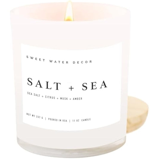 Sweet Water Decor Salt and Sea Candle - Sea Salt, Citrus, Amber, Musk, Beach Scented Soy Candles for Home - 11oz White Glass Jar + Wood Lid, 50+ Hour Burn Time, Made in the USA