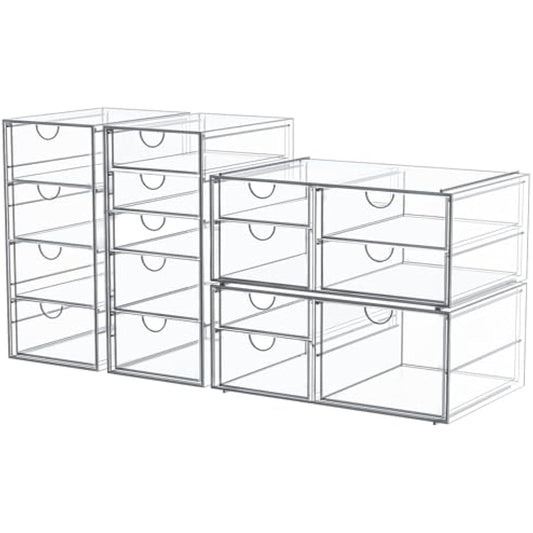 Makeup Organizer Storage with 16 Drawers, 4 Pcs Desktop Office Supplies, Desk Organizers, Clear Accessories, Dustproof Storage Drawer and for Make Up, Jewelry, Pen, Stationary