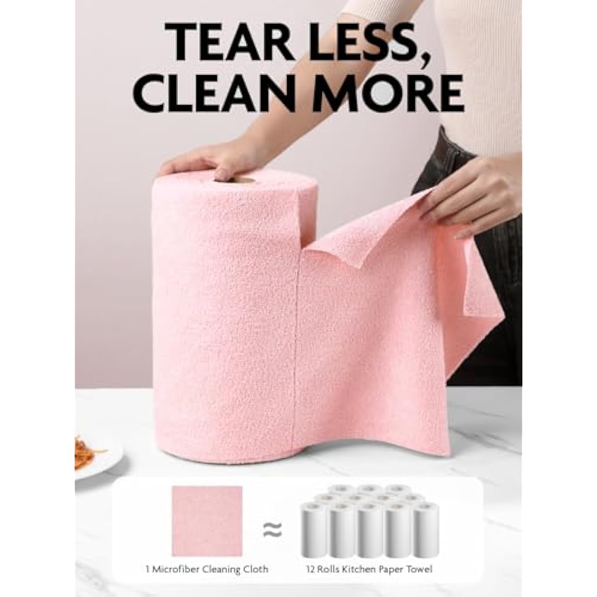 Fantasticlean Microfiber Cleaning Cloth Roll -75 Pack, Tear Away Microfiber Towels, 12" x 12", Reusable, Washable, Scratch Free, Ultra Absorbent Dishcloth for All-Around Cleaning Supplies (Pink)