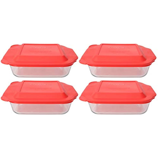 Pyrex 222 2qt Glass Baking Dishes & 222-PC Red Food Storage Replacement Lids (4-Pack) - Made in USA
