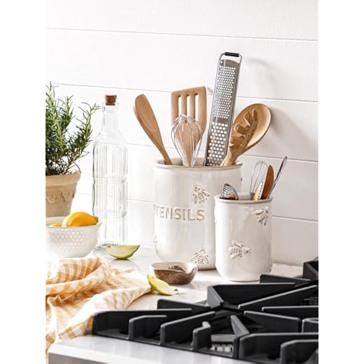 LE TAUCI Utensil Holder for Kitchen Counter - 6.9"+5.3" Ceramic Kitchen Utensil Holder Set of 2, Large Cooking Utensil Crock & Organizer for Spatula, Spoon - Embossed Kitchen Decor, White,Bee