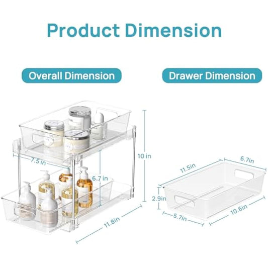 Vtopmart 4 Pack Bathroom Organizer, 2 Tier Clear Under Sink Organizers Vanity Countertop Storage Container,Cabinet Drawers Bins, Pull-Out Organization with Track for Pantry, Kitchen