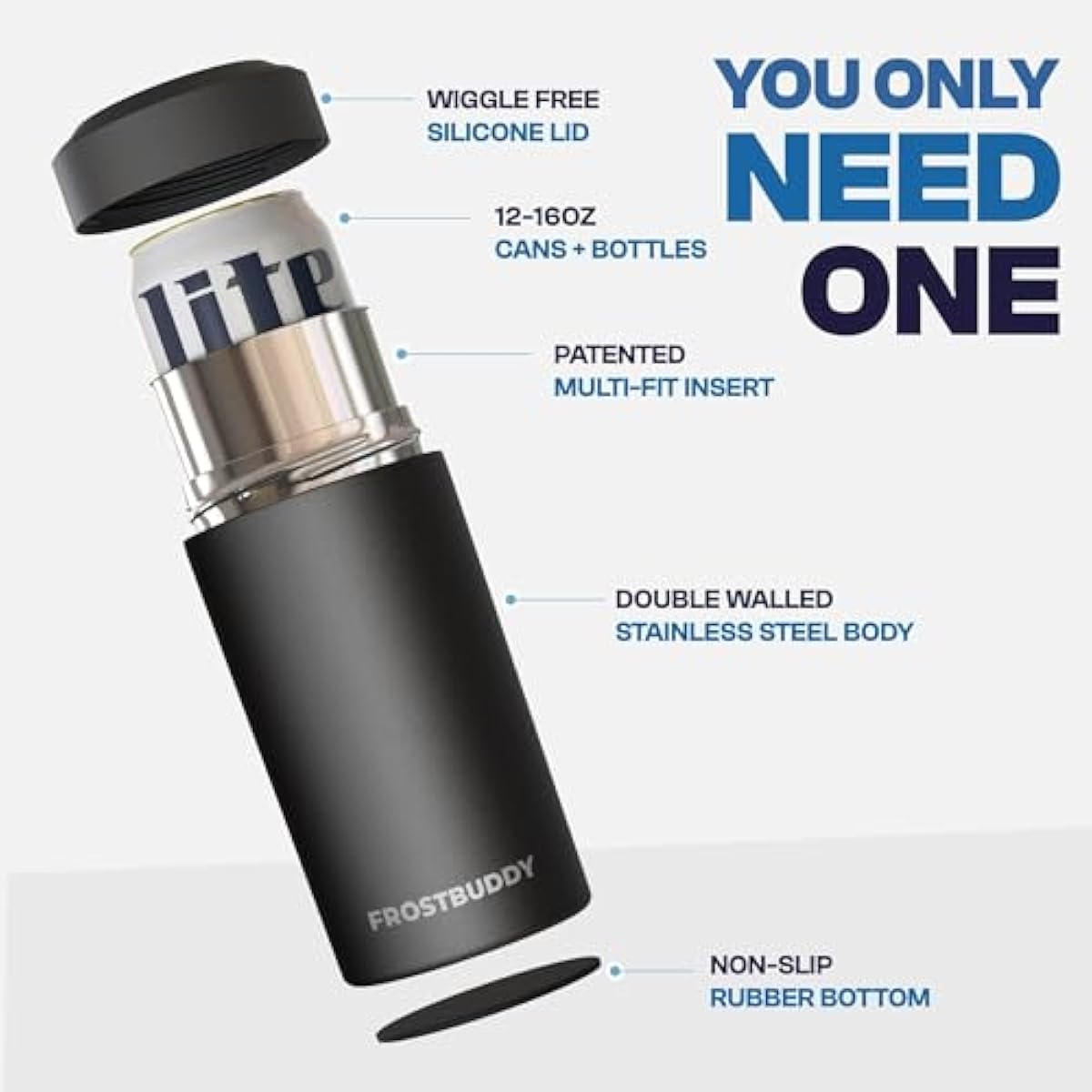 Frost Buddy Universal Can Cooler - Fits All - For Regular 12 & 16 oz or Slim-Size Bottles - Insulated Double-Walled Stainless Steel (MatteBlack)