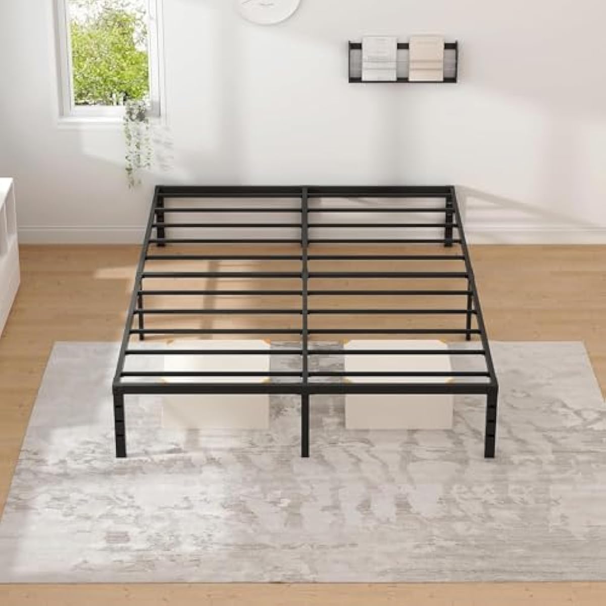 Metal Bed Frame,Queen Size Bed Frame with Storage Space,Heavy Duty Sturdy Mattress Foundation,Easy Assembly,No Box Spring Needed, Black,14 Inch,Queen