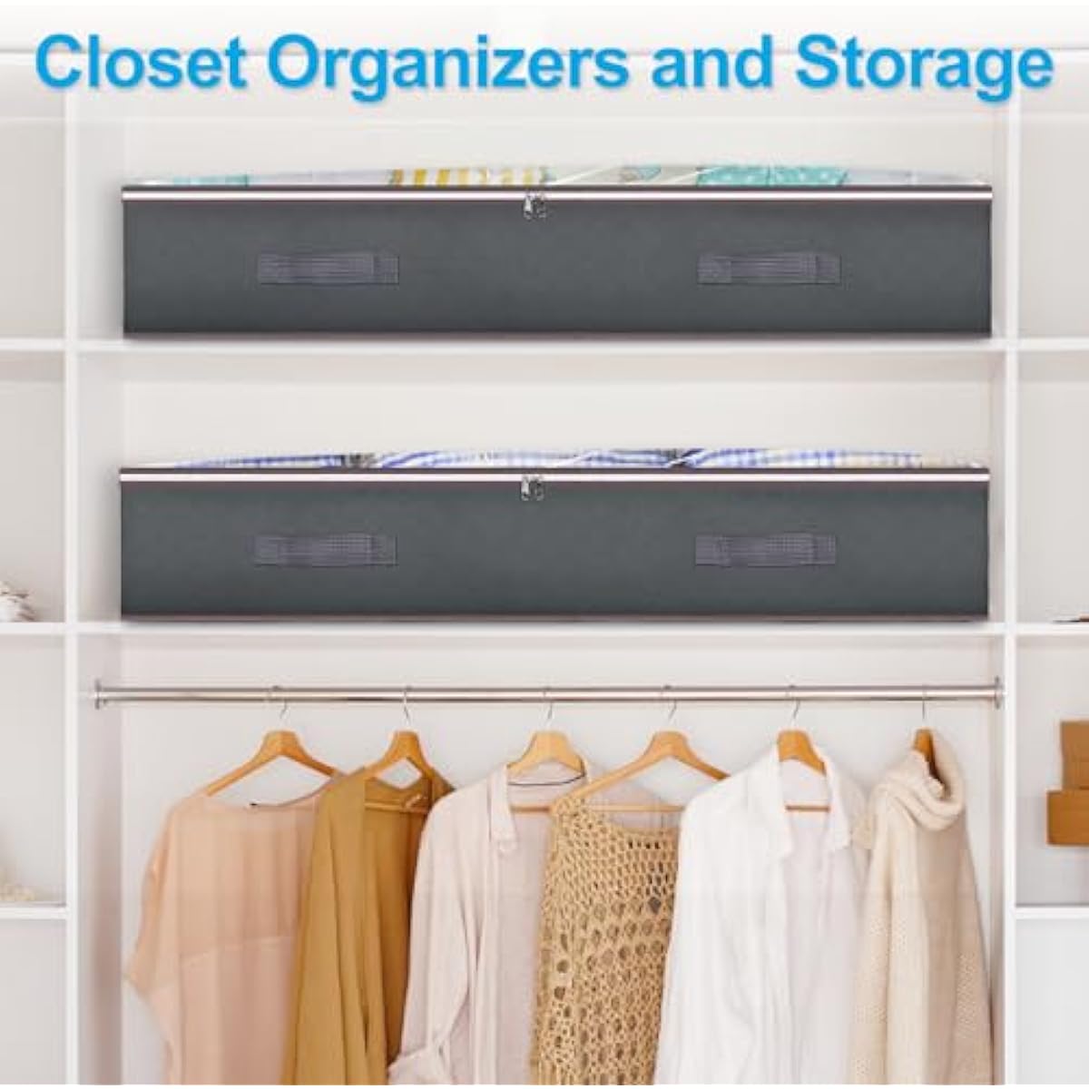 Budding Joy 90L Under Bed Storage Containers, Closet Organizers and Storage Bins, Foldable Underbed Storage Bags for Linen Sheets, Blanket, Clothing, Comforter, Sweaters, Pillows, Wrapping Paper, Grey