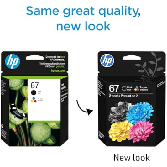 HP 67 Black/Tri-Color Ink Cartridges (2-Pack) | Works with DeskJet 1255, 2700, 4100, Envy 6000, 6400 | Instant Ink Eligible | 3YP29AN | Packaging May Vary