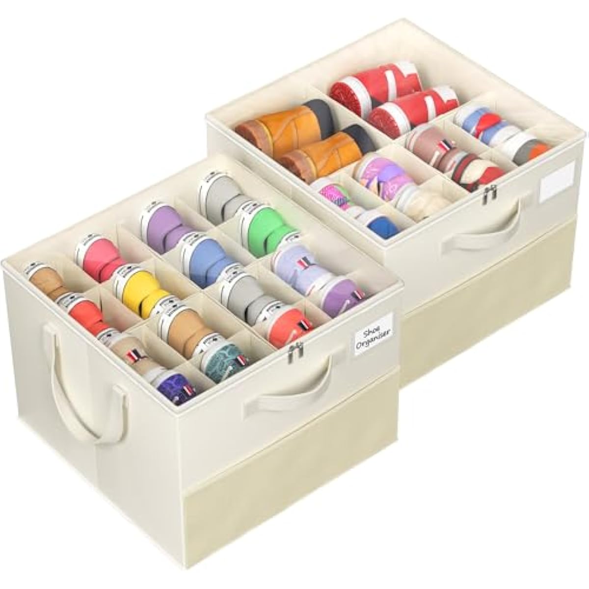 2 Pack Shoe Organizer for Closet, Large Shoe Box Storage Containers, Foldable Shoe Storage Organizer Box Bin with Adjustable Dividers and Clear Cover, Space Saving Shoes Holder, Beige
