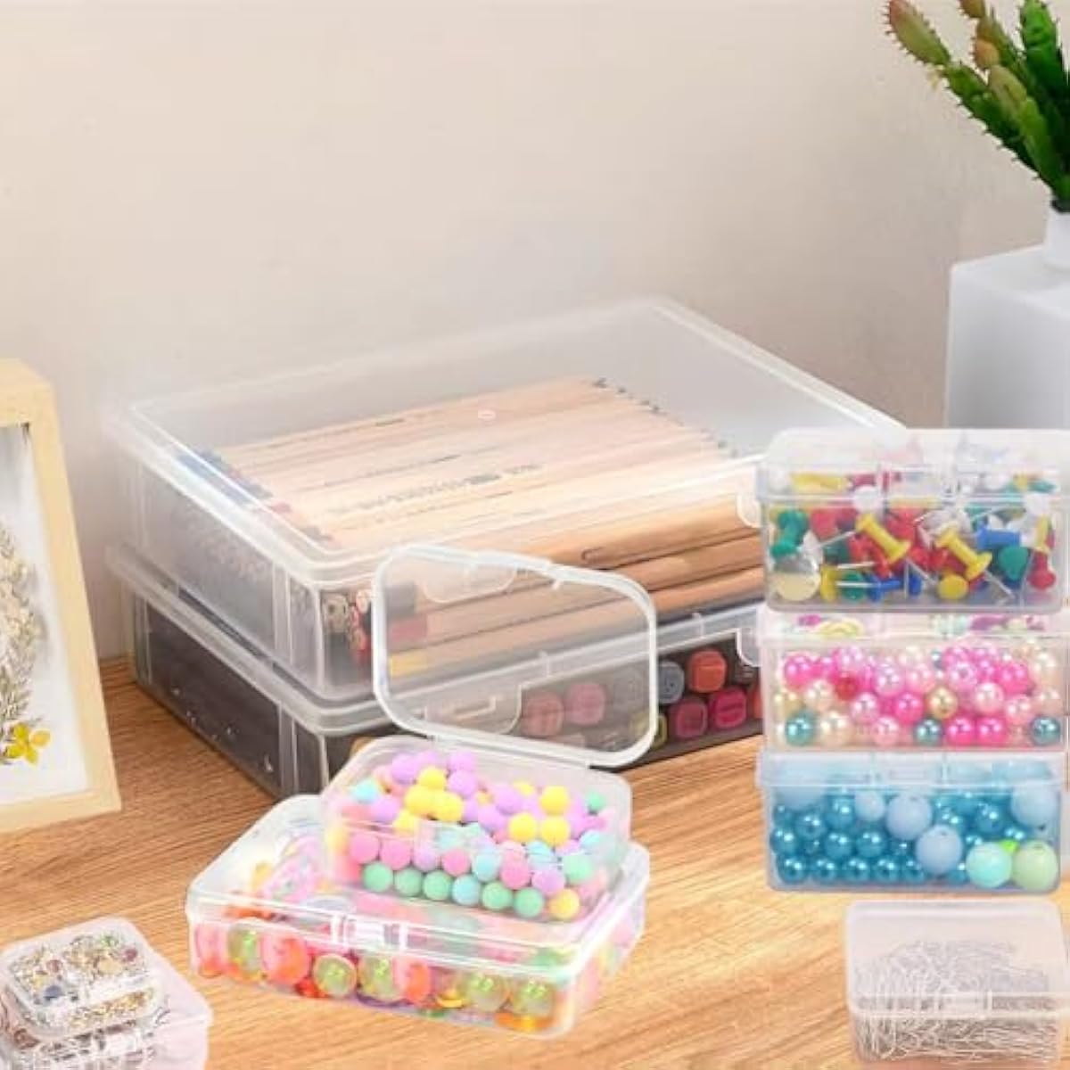 Bead storage container,44pcs of different sizes rectangular mini clear plastic storage box with hinged lid and label for bracelet making DIY jewelry craft nail organizer,Mix Size-2