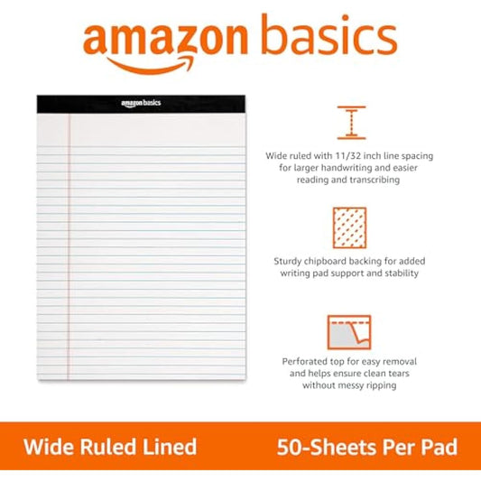 Amazon Basics Wide Ruled Lined Writing Note Pads for Office Supplies, 8.5" x 11.75", White, 12-Pack of 50 Perforated Sheets