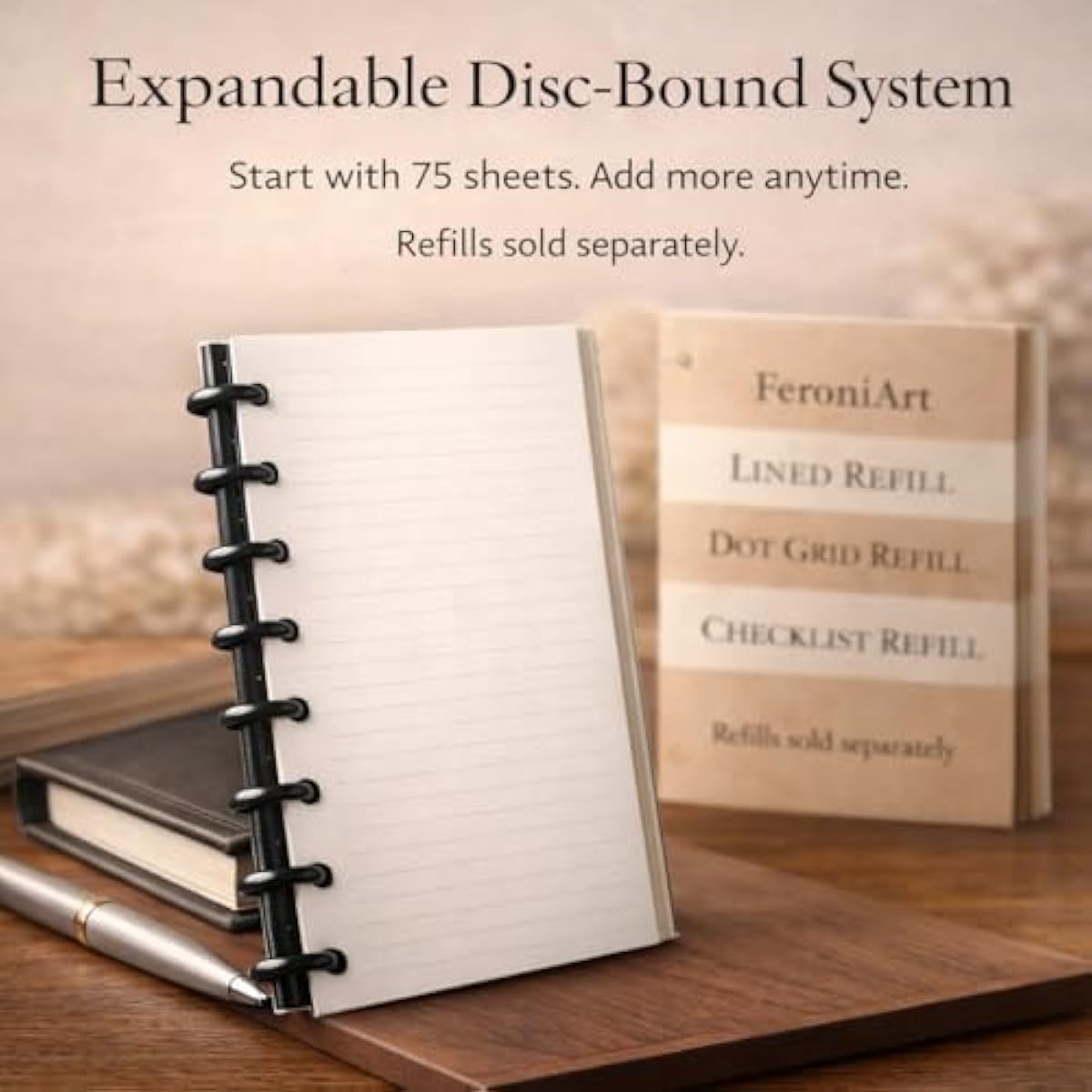 Refillable 11 Disc Discbound Notebook - Letter Size, 75 Sheets, Narrow Ruled PU Leather Vegan PU cover
