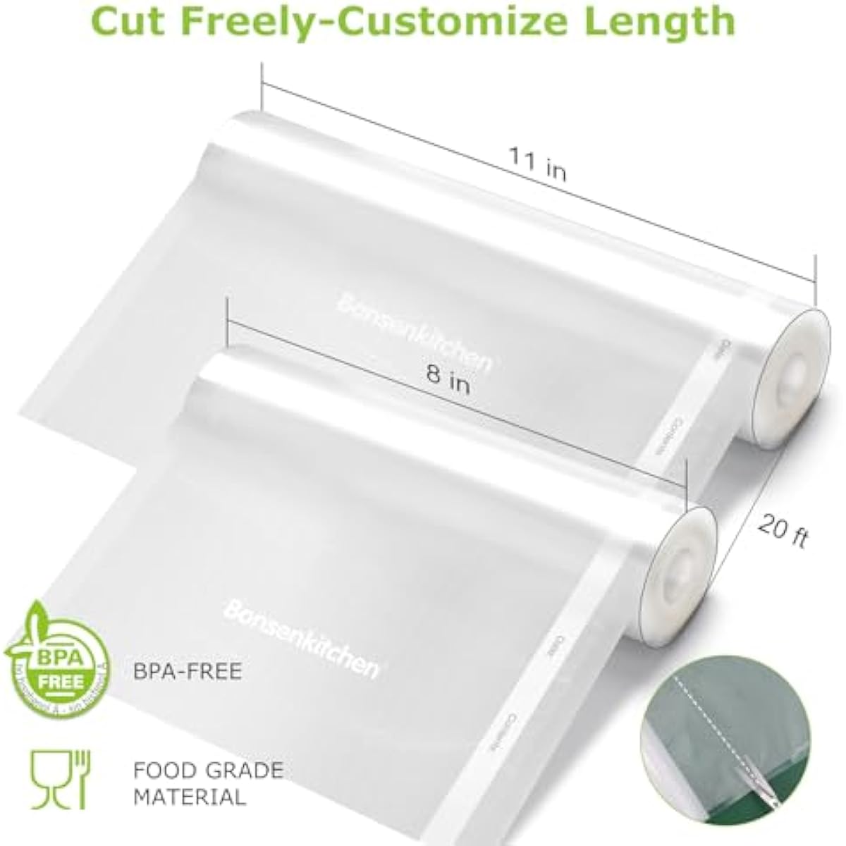 Bonsenkitchen Vacuum Sealer Rolls Bags, 6 Pack 3 Rolls 11" x 20' + 3 Rolls 8" x 20' Commercial Grade BPA Free Bag Rolls, Durable Customized Size Food Vac Bags for Storage and Sous Vide Cooking VB3211