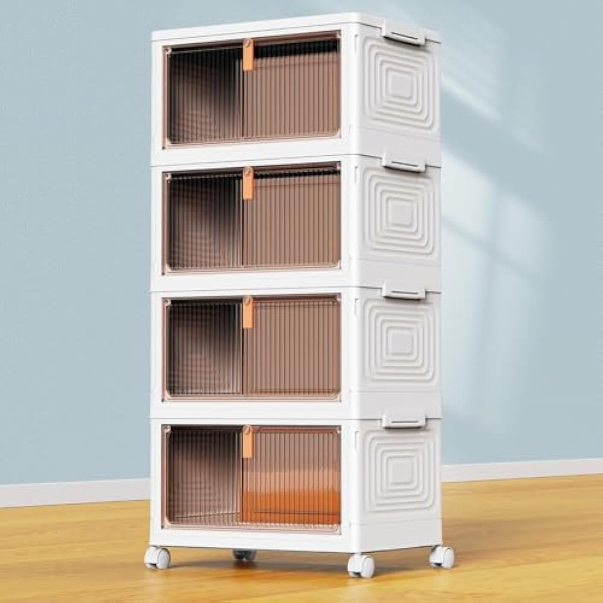 4 Tier Plastic Storage Bins with Lid 23QT, Stackable Storage Containers with Wheels, Folding Storage Boxes, Stackable Storage Bins, Organizers and Storage for Living Room,Office,Dorm